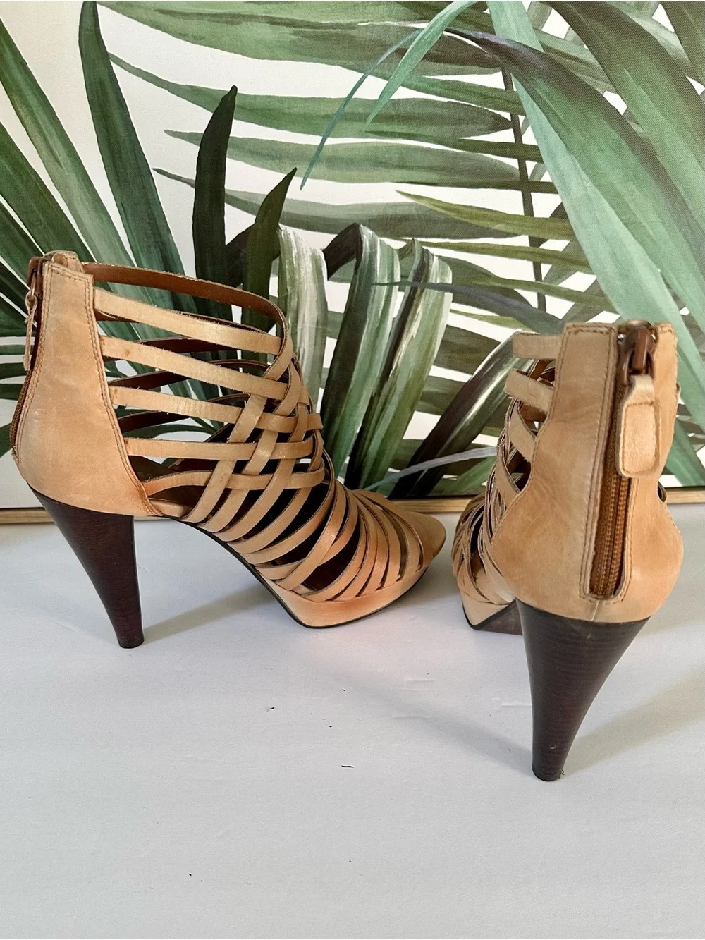 Chinese Laundry Tan Strappy Cage High-Heel Sandals